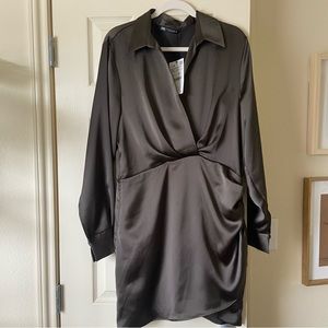 ZARA Short Satin Effect Mini Dress - Dark Khaki